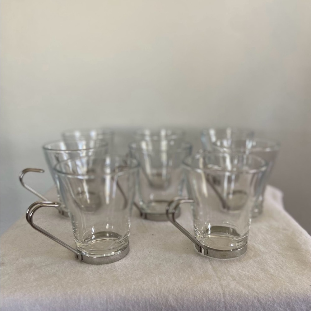 Vitrosax Italy Glass Coffee/Tea Cups with Silver Metal Handles
